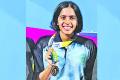 Female swimmer Vriti Agarwal celebrates her 200m freestyle bronze win, Athlete Vriti Agarwal with her bronze medal in swimming competition, Vritti clinches Bronze in National Games,Telangana's Vriti Agarwal at the podium with her bronze medal, 