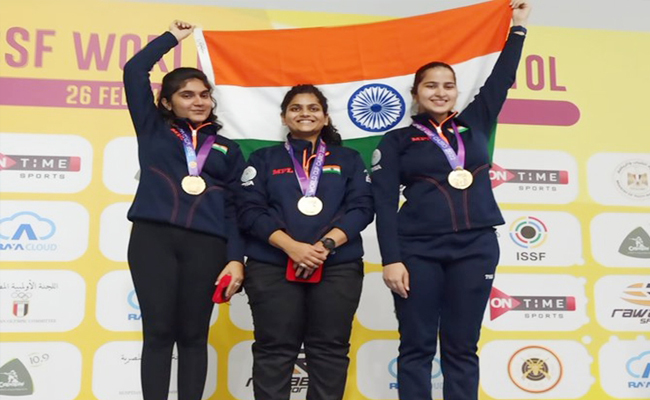 ISSF World cup: Indian women's 25m pistol team of Rahi Sarnobat, Esha Singh, Rhythm Sangwan bags Gold medal in Egypt