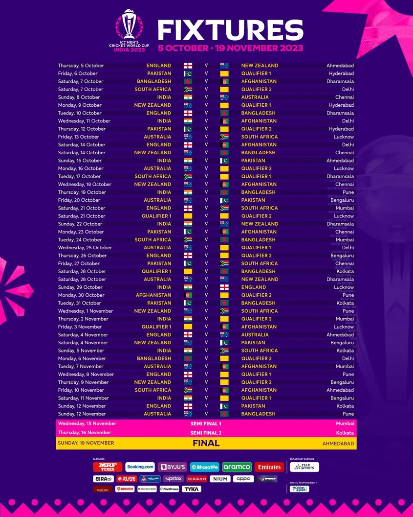 Match schedule announced for the ICC Men’s Cricket World Cup 2023