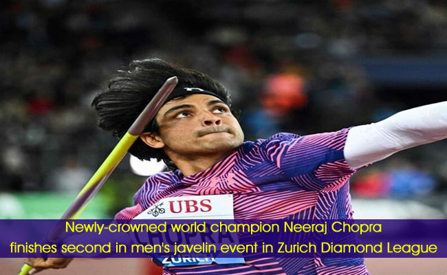 Newly-crowned world champion Neeraj Chopra finishes second in men's javelin event in Zurich Diamond League