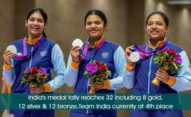 India's medal tally reaches 32 including 8 gold, 12 silver & 12 bronze,Team India currently at 4th place