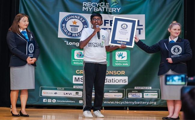 Telugu student Srinihal Tammana recycling batteries, Guinness World Record in Recycle My Battery,Guinness World Record holder for battery recycling