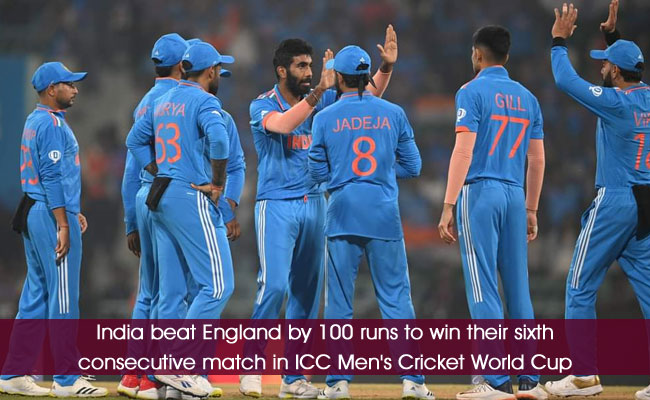 India beat England by 100 runs to win their sixth consecutive match in ICC Men's Cricket World Cup