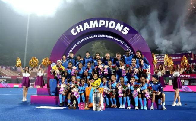 Winning moment,  Indian women's hockey team's victory over Japan in 2023,Team India celebrates their Asian Hockey Champions Trophy win with a 4-0 score against Japan, Indian women's hockey team victorious with a 4-0 win over Japan, Team India celebrating their win against Japan in the Asian Hockey Champions Trophy, Women's Asian Hockey Champions Trophy,Indian women's hockey team celebrating victory in 2023