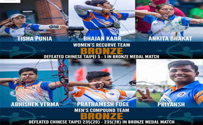 Indian archers win two bronze in Asian Archery Championships 2023, Indian women's recurve team celebrating victory