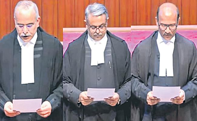 Guwahati High Court Chief Justice becoming a Supreme Court judge. Rajasthan High Court Chief Justice swearing in as Supreme Court judge.,  Three New Judges Take Oath in  Supreme Court, Delhi High Court Chief Justice taking oath as Supreme Court judge., 