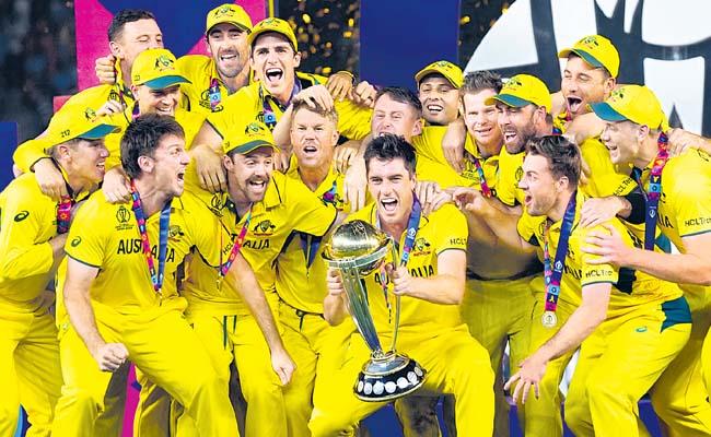 ODI Cricket Champions, Australia's successful journey from early setbacks to World Cup glory. Australia won cricket world cup 2023, Australia celebrates victory in the ODI Cricket World Cup final.
