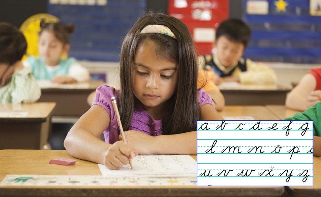 Child connecting cursive writing to improved spelling and reading.  Cursive writing becomes mandatory in California schools?    positive effects of cursive writing.