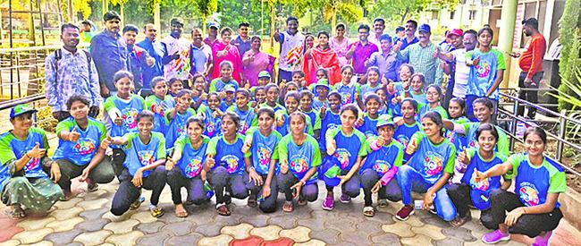  sports competition winners at the district level    Joint Collector with the players    Andhra district level competitions winners