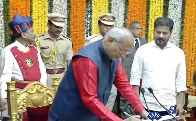 Chief Minister Revanth Reddy attending the swearing-in ceremony   Telangana Governor C. P. Radhakrishnan as Telangana Governor   CP Radhakrishnan taking oath as in-charge Governor of Telangana