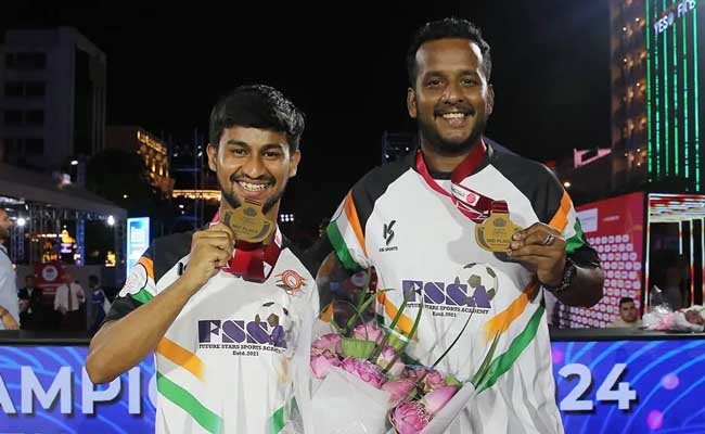 India Secure Historic First Medal In Teqball Championships  Anas Baig and Declan Gonsalves with their bronze medals at the Techball World Championships 2024  