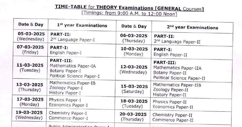 Telangana Intermediate 2025 Time Table Inter 1st and 2nd Year Exams Schedule