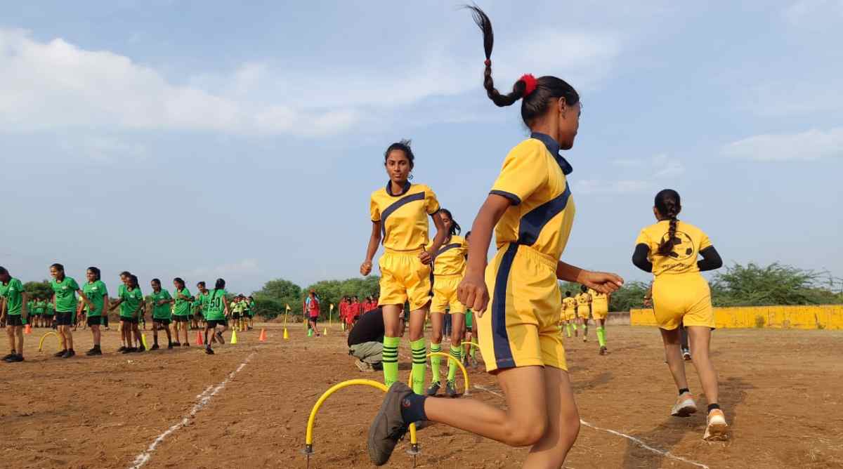 Young girls during their football training
