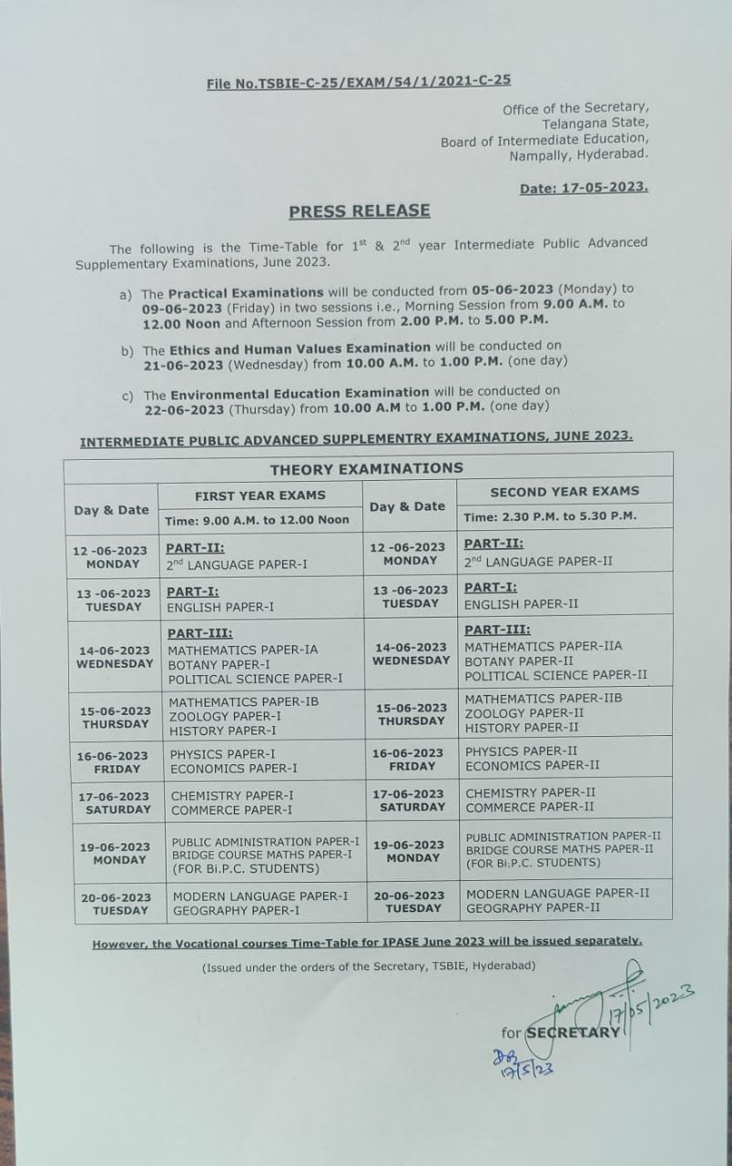 TS Inter Supply Exams Schedule