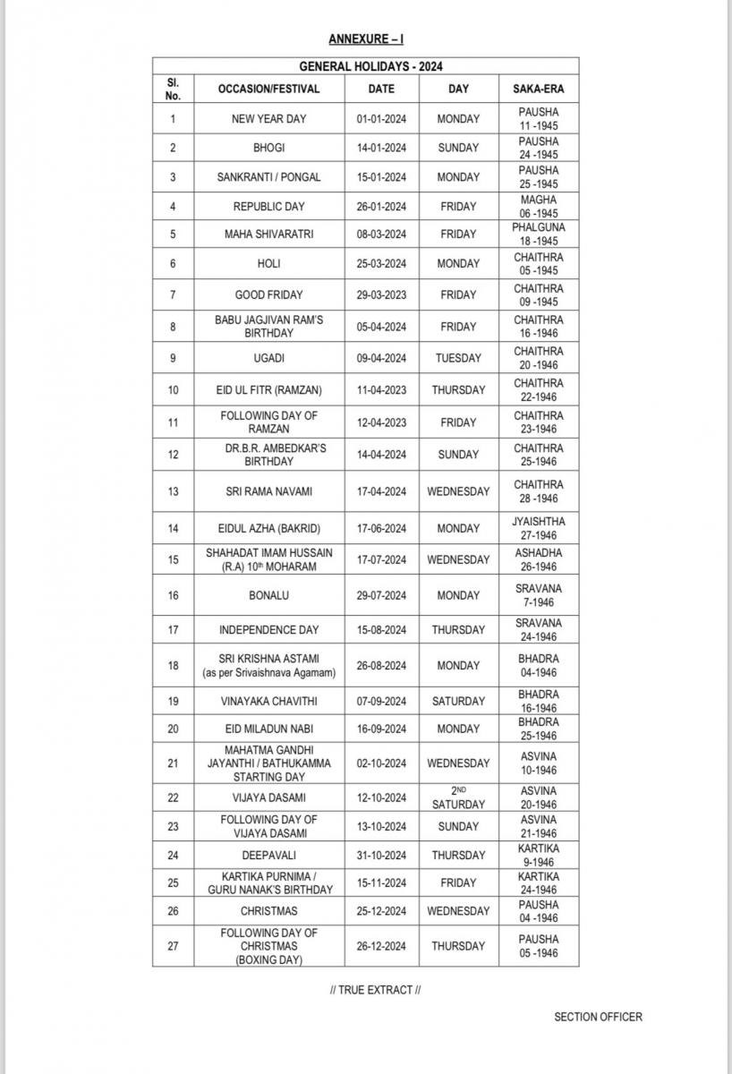 telangana schools and colleges holiday 2024 list