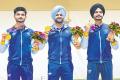 Shiv Narwal, Arjun Singh Cheema, and Sarabjot Singh clinch gold for India, Indian shooters celebrate their gold medal win at Asian Games, Asian Games 2023,Indian men's 10-meter air pistol team takes the top spot in qualifying.