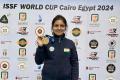 Indian shooter Sonam Muskar claims silver in women's 10m air rifle   India's Sonam Muskar secures silver in Cairo World Cup shooting event    Sonam Maskar Bags Silver Medal In 10m Air Rifle Event   Sonam Muskar celebrating her silver medal win in 10m air rifle at World Cup shooting